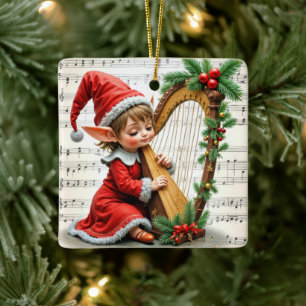 Kerstelf speelt op een harp keramisch ornament