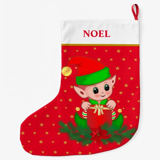 Kerstelf, sterren, poinsettia en pijnbomen op rood grote kerstsok (Achterkant)