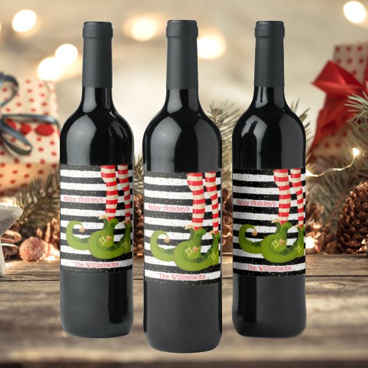 Kerstelfenbenen zwart-wit gestreept wijn etiket