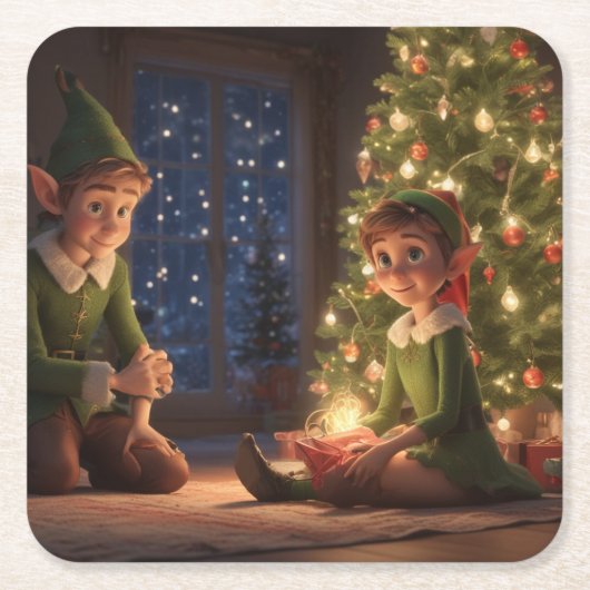 KerstElves Vierkante Kartonnen Onderzetter (Voorkant)