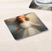 Kerstengel 2 vierkante kartonnen onderzetter (Schuin)