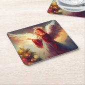 Kerstengel 3 vierkante kartonnen onderzetter (Schuin)