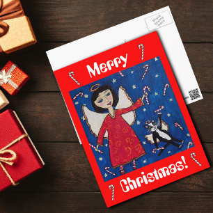 Kerstengel en kat-ansichtkaart met snoepstokken feestdagenkaart