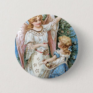 Kerstengel en kind ronde button 5,7 cm