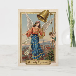 Kerstengel Gouden Bel Vintage Harp Kaart