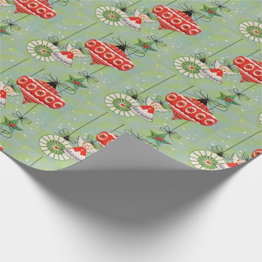 Kerstengel in retro-stijl op groene achtergrond cadeaupapier (Hoek)