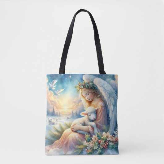 Kerstengel met lam in de wintervrede draagtas (Voorkant)