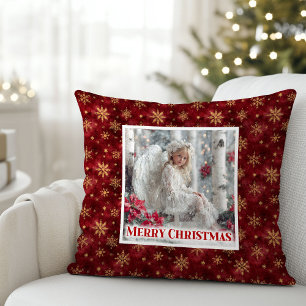 Kerstengel Poinsettia Rood Goud Beste Kerstmis Kussen