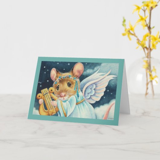 Kerstengelmuis die lier speelt Aquarel Kunst Kaart (Gele Bloem)