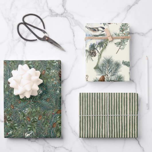 KerstEvergreen Branches Pinecone Bird Stripe Inpakpapier Vel (Voorkant)