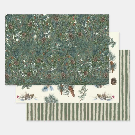 KerstEvergreen Branches Pinecone Bird Stripe Inpakpapier Vel (Set)