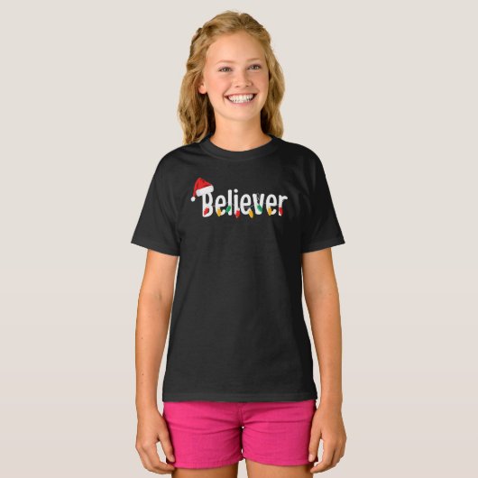 KerstFaith Believer | Santa Claus Xmas lampjes T-shirt (Voorkant volledig)