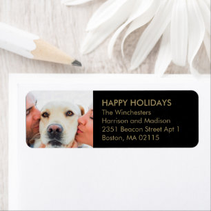 Kerstfamilie foto modern goud zwart adres etiket