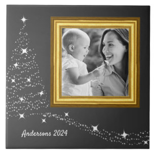 Kerstfamilie Foto Tegel BW / gepersonaliseerd Tegeltje