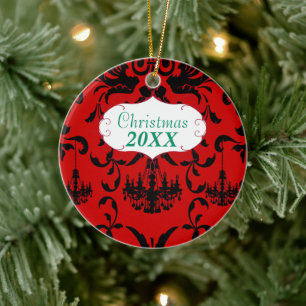 Kerstfamilie Foto van Red Chandelier 3 Damask Keramisch Ornament