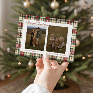 Kerstfamiliefoto met vintage ruitjespatroon feestdagenkaart