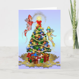 Kerstfeeën versieren de boom feestdagen kaart