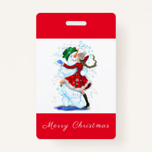 Kerstfeest Badge Snowman en Girl Dance