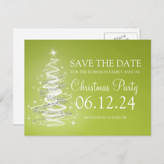 Kerstfeest Bewaar de datum Sparkling Tree Green Aankondigingskaart (Voorkant / Achterkant)