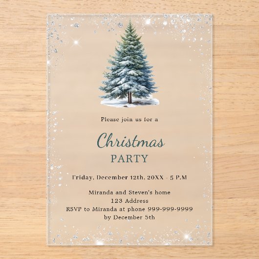 Kerstfeest boom sneeuw hand-getrokken frosted acryl uitnodigingen (Voorkant)