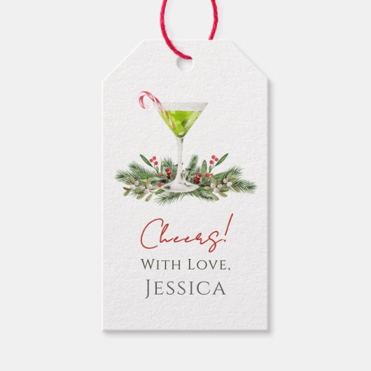 Kerstfeest Candy Cane Martini en Mistletoe Holiday Cadeaulabel (Voorkant)
