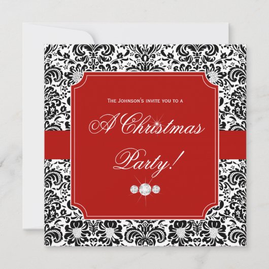 Kerstfeest Damask Red Black White Invite Kaart (Voorkant)