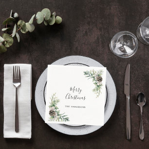 Kerstfeest dennenappels wit groen servet