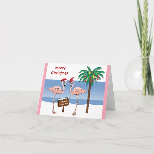Kerstfeest Funny Flamingos aan het zuidpoolstrand Feestdagen Kaart (Voorkant)
