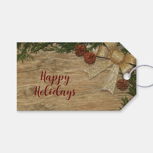 Kerstfeest Golden Green Leaves Red Rustic Cadeaulabel (Voorkant (Horizontaal))