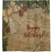 Kerstfeest Golden Green Leaves Red Rustic Douchegordijn (Voorkant)