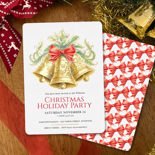 Kerstfeest gouden klokken en rode boog kunst folie uitnodiging