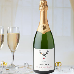 Kerstfeest grap rendier wit rood schattig sparkling wijnetiket