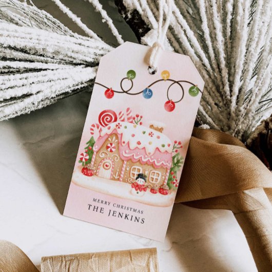 Kerstfeest met een huis van gemberkoek cadeaulabel