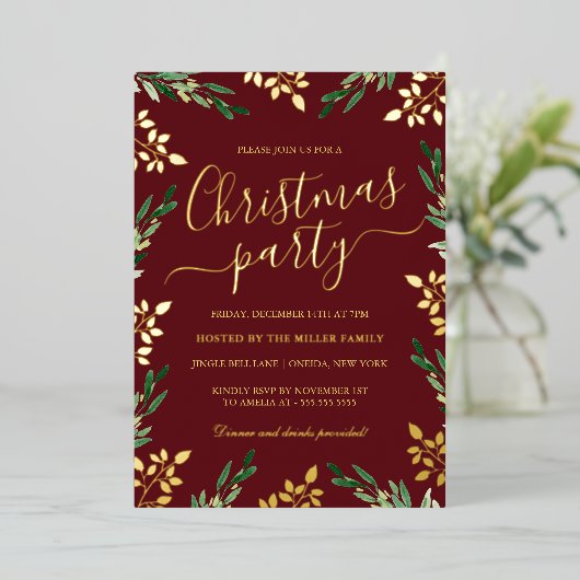 Kerstfeest met Rode Gouden Groene Bladeren Folie Uitnodiging (Staand Voorkant)