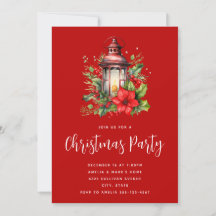 Kerstfeest met rode lantaarn, poinsettia en dennen