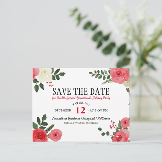 Kerstfeest met Rode Roos Bespaar de Datum Aankondigingskaart (Staand voorkant)