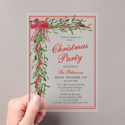 Kerstfeest Mistletoe Bow Modern Holiday Party Acryl Uitnodigingen (Insitu (Draagbaar))
