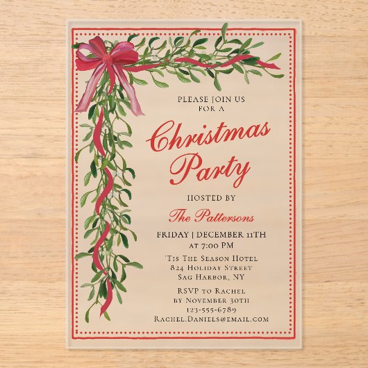 Kerstfeest Mistletoe Bow Modern Holiday Party Acryl Uitnodigingen (Voorkant)