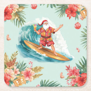 Kerstfeest op het strand met Kerstman Vierkant Vierkante Kartonnen Onderzetter
