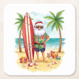 Kerstfeest op het strand met Kerstman Vierkante Kartonnen Onderzetter