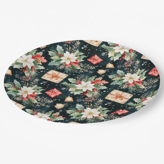 Kerstfeest Poinsettia Bloemen Papieren Bordje (Gekanteld)