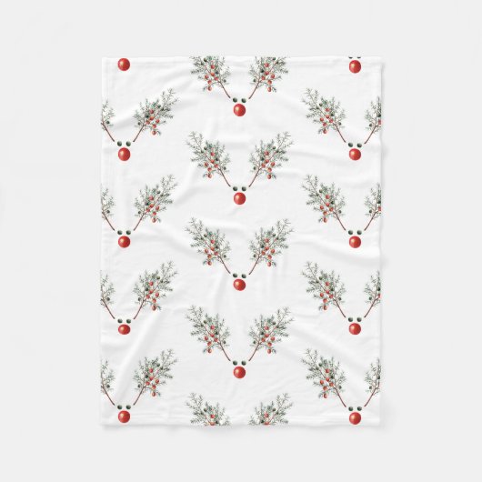 Kerstfeest Red Nosed Deer Pine Berries Fleece Deken (Voorkant)