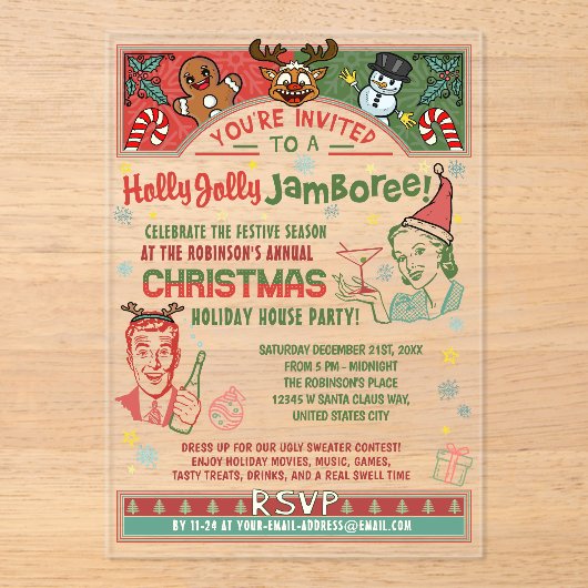 Kerstfeest Retro Mideeuw Winter Xmas Humor Acryl Uitnodigingen (Voorkant)