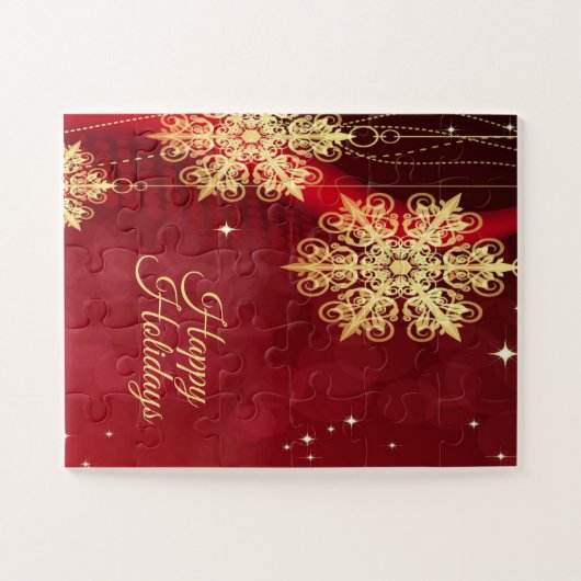 Kerstfeest Rood Golden Snowflakes Holiday Legpuzzel (Horizontaal)