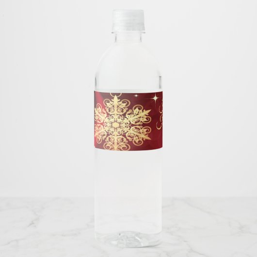 Kerstfeest Rood Golden Snowflakes Holiday Waterfles Etiket (Voorkant)