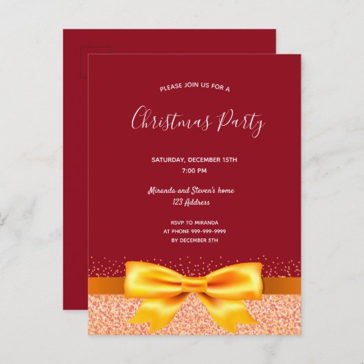 Kerstfeest rood gouden boog uitnodiging (Voorkant / Achterkant)