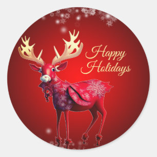 Kerstfeest Rood Rendier Winter Vakantie Ronde Sticker