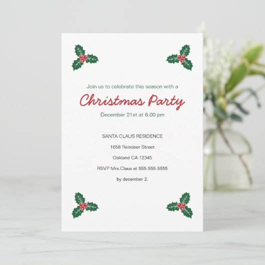 Kerstfeest uitnodiging met hulst & cadeaus (Staand voorkant)