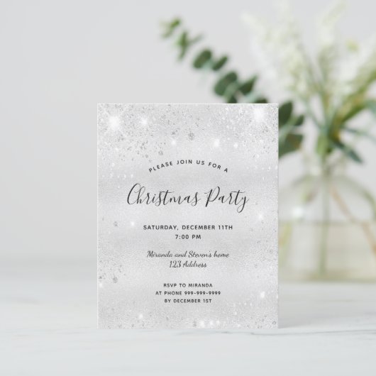 Kerstfeest uitnodiging met zilveren glitters op ee (Staand voorkant)