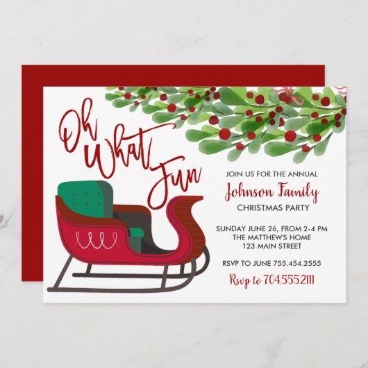 Kerstfeest uitnodiging, oh wat leuk, Sleigh Kaart (Voorkant / Achterkant)
